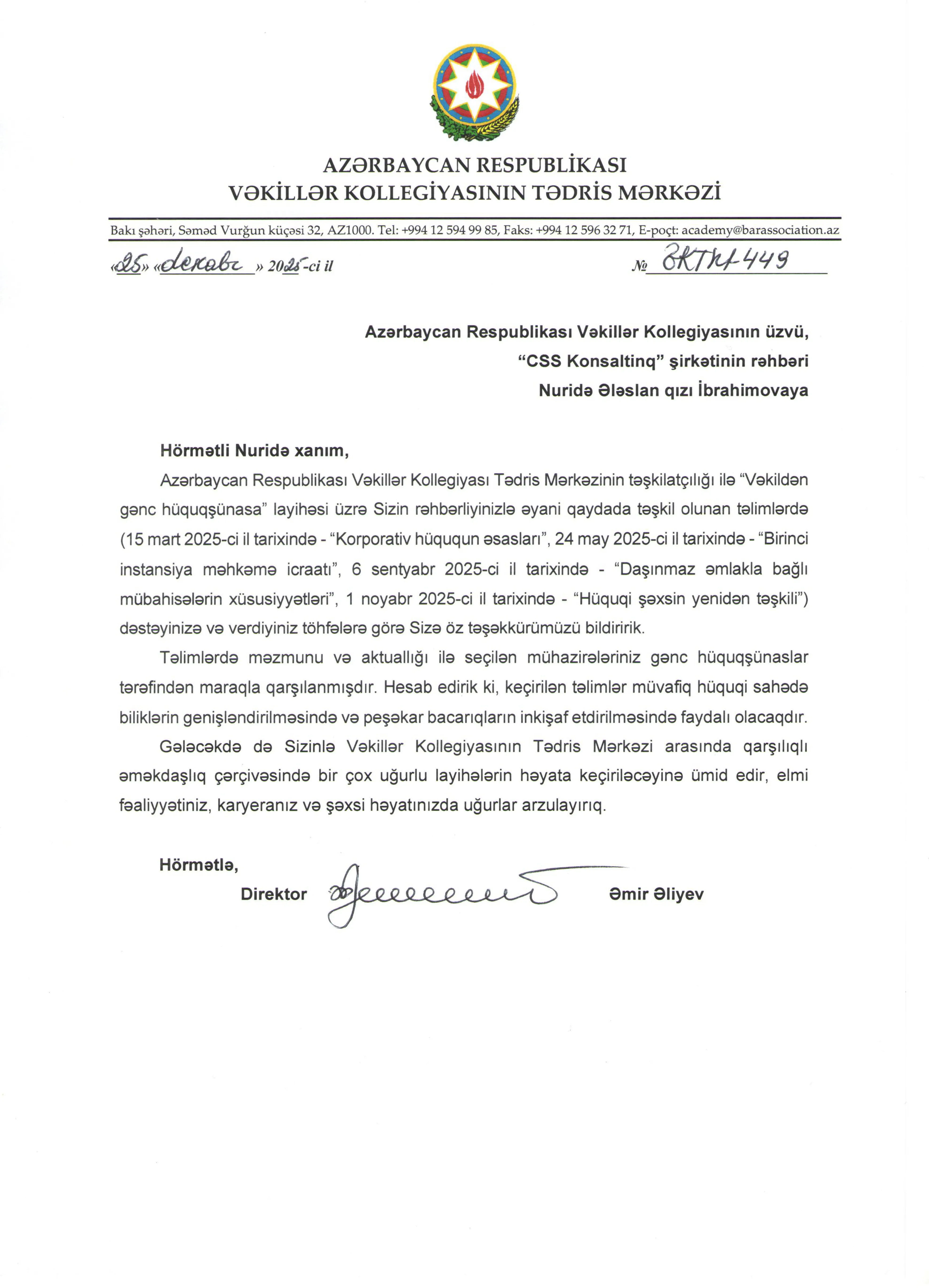 Vəkillər Kollegiyası Tədris mərkəzi tərəfindən